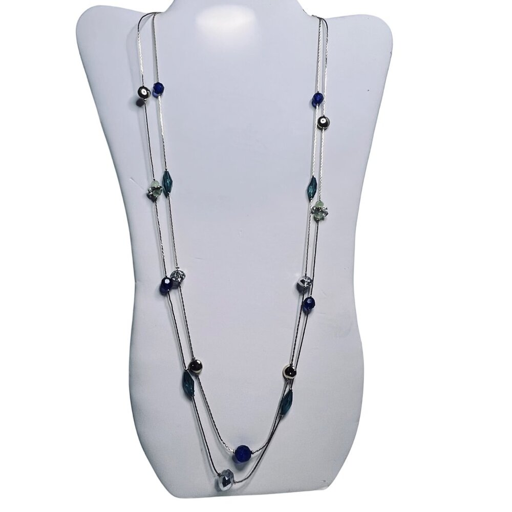 Double Strand Gold Tone Necklace With Cobalt Blue Aqua & Clear Beads (5603)